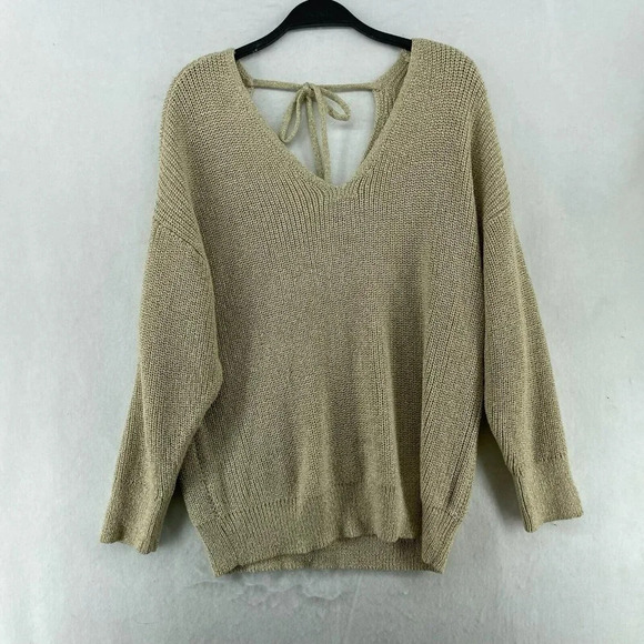 LOFT Sweaters - Loft Sweater Women's Sz 14 Plus Beige Knitted V-Neck Gold Metallic Tie-Back